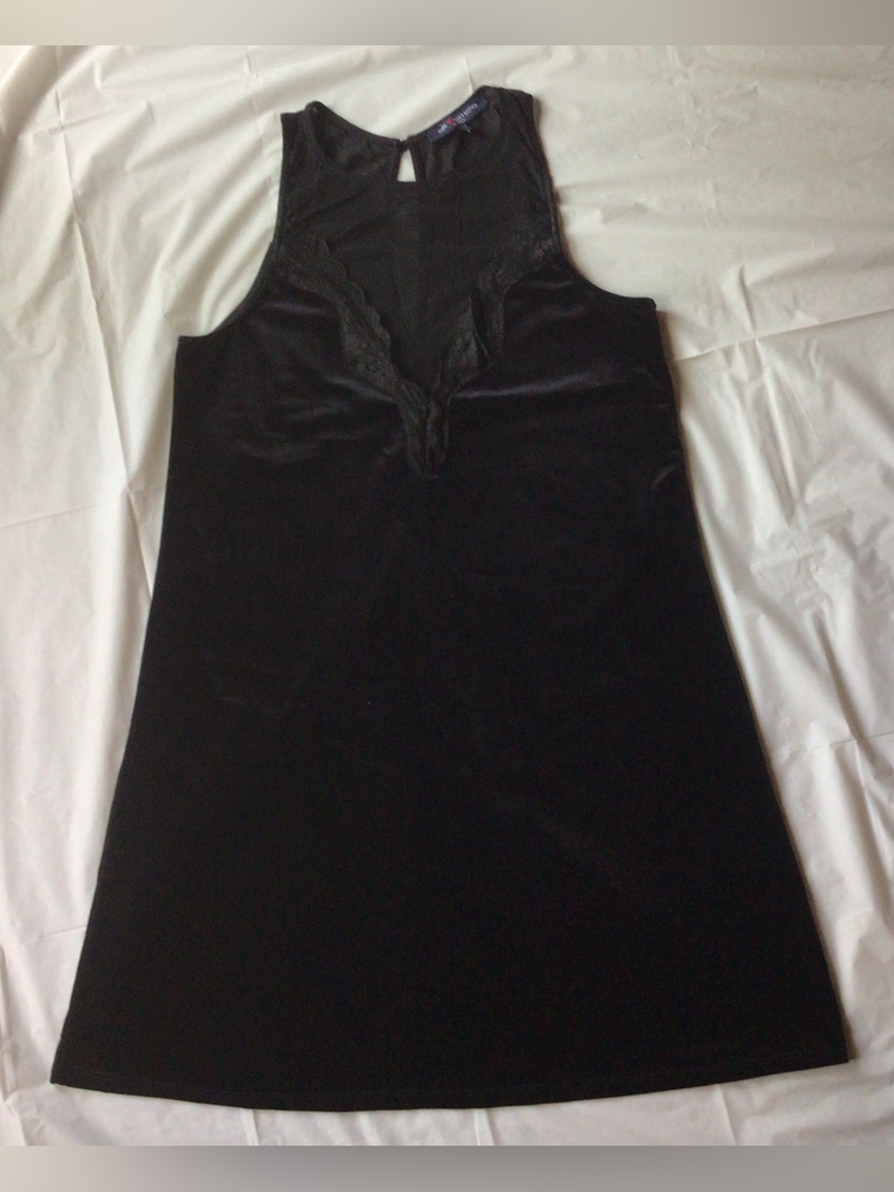 Black Velour Mini Dress with Lace Trim - Women